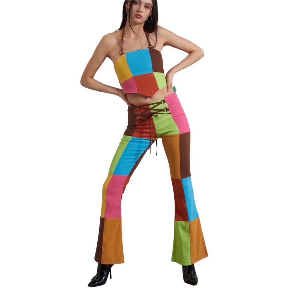 NWT The Ragged Priest Patchwork Paneled Flared Pant. UK-12 (MEDIUM)